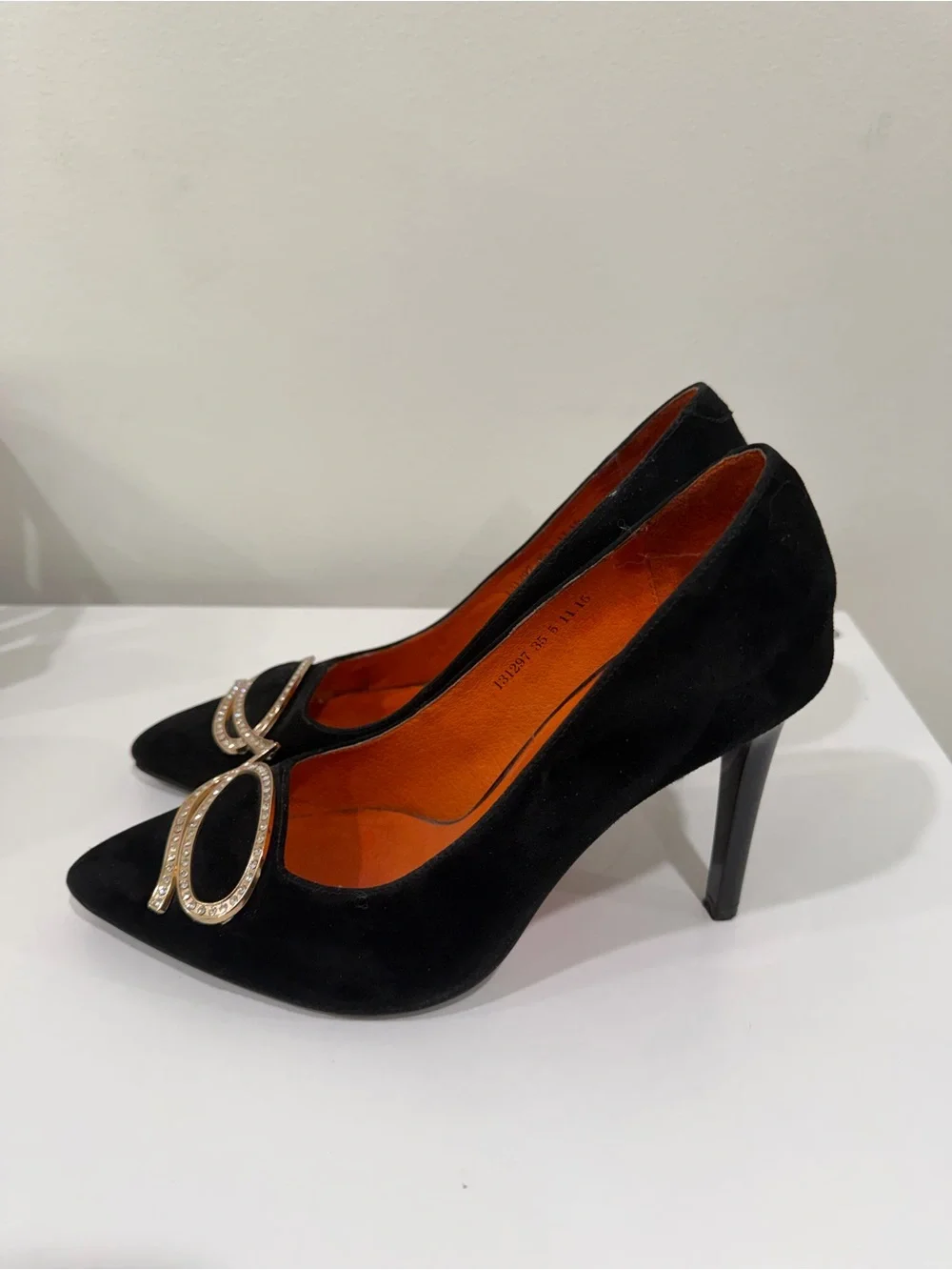 Black Suede Crystal-Embellished Pointed-Toe Heels